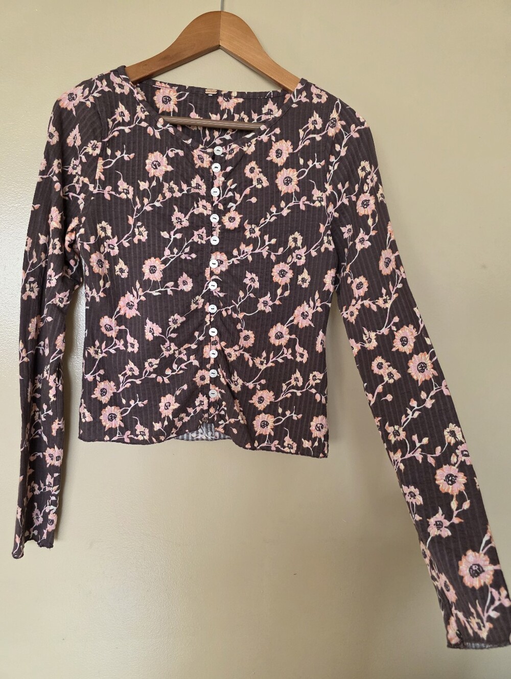Free People Tilly Floral Cardigan French Chocolate Pink Brown Ribbed Feminine